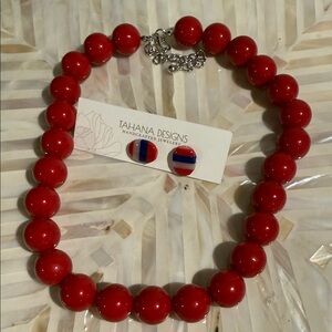 Any offers accepted 🎉Patriot Red Beaded Necklace and polymer clay Earring Set